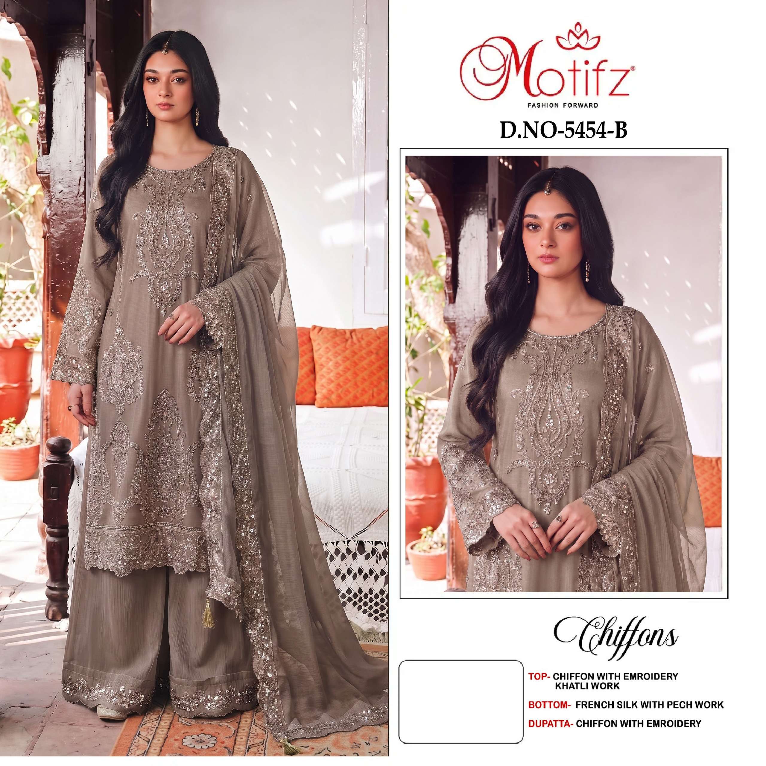 MOTIFZ 5454 SIFFON EMBROIDERY KHATLI WORK PAKISTANI OUTFIT ACCTRESS TYPE EXPORT